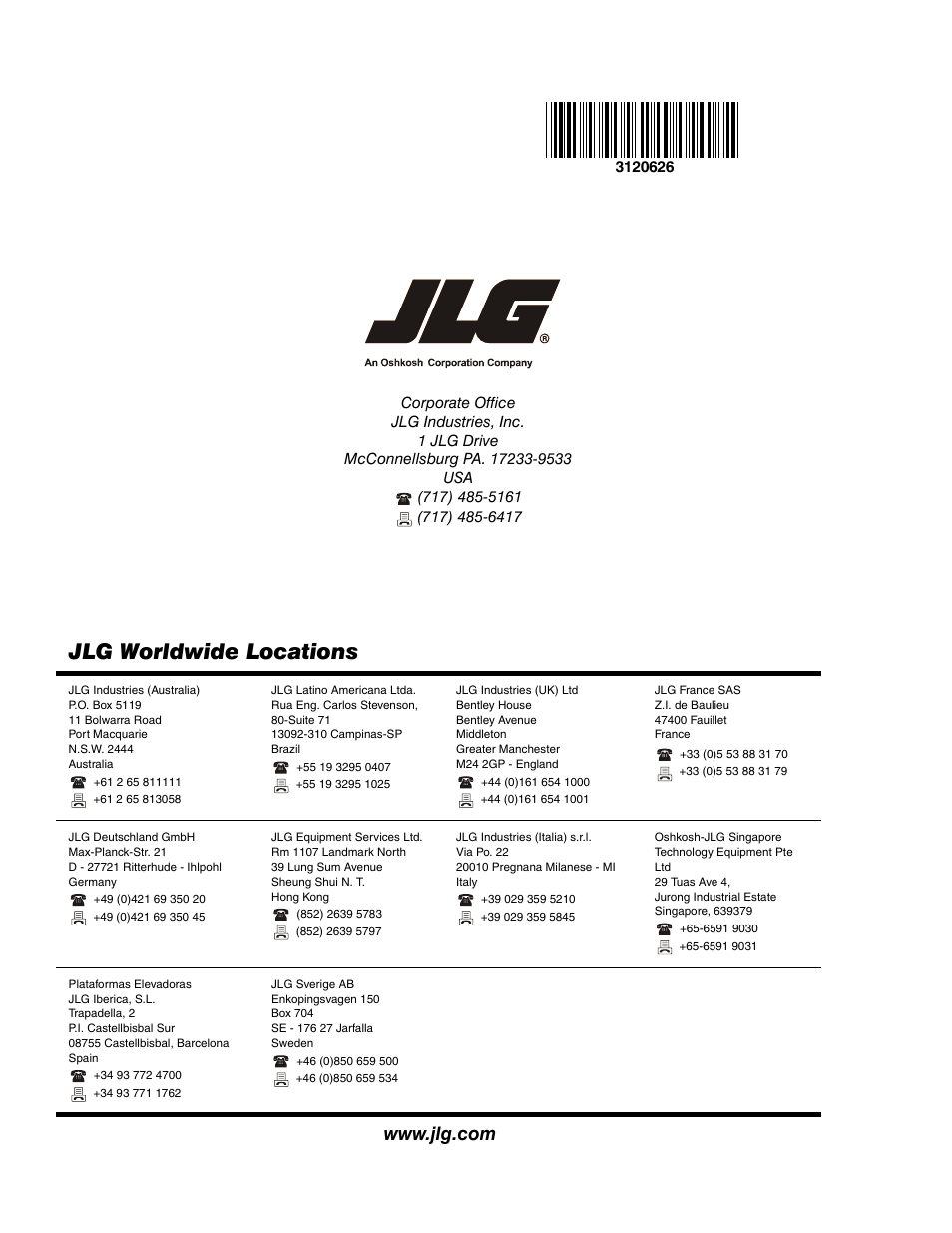 Jlg worldwide locations | JLG 45HA ANSI Parts Manual User Manual | Page 382 / 382