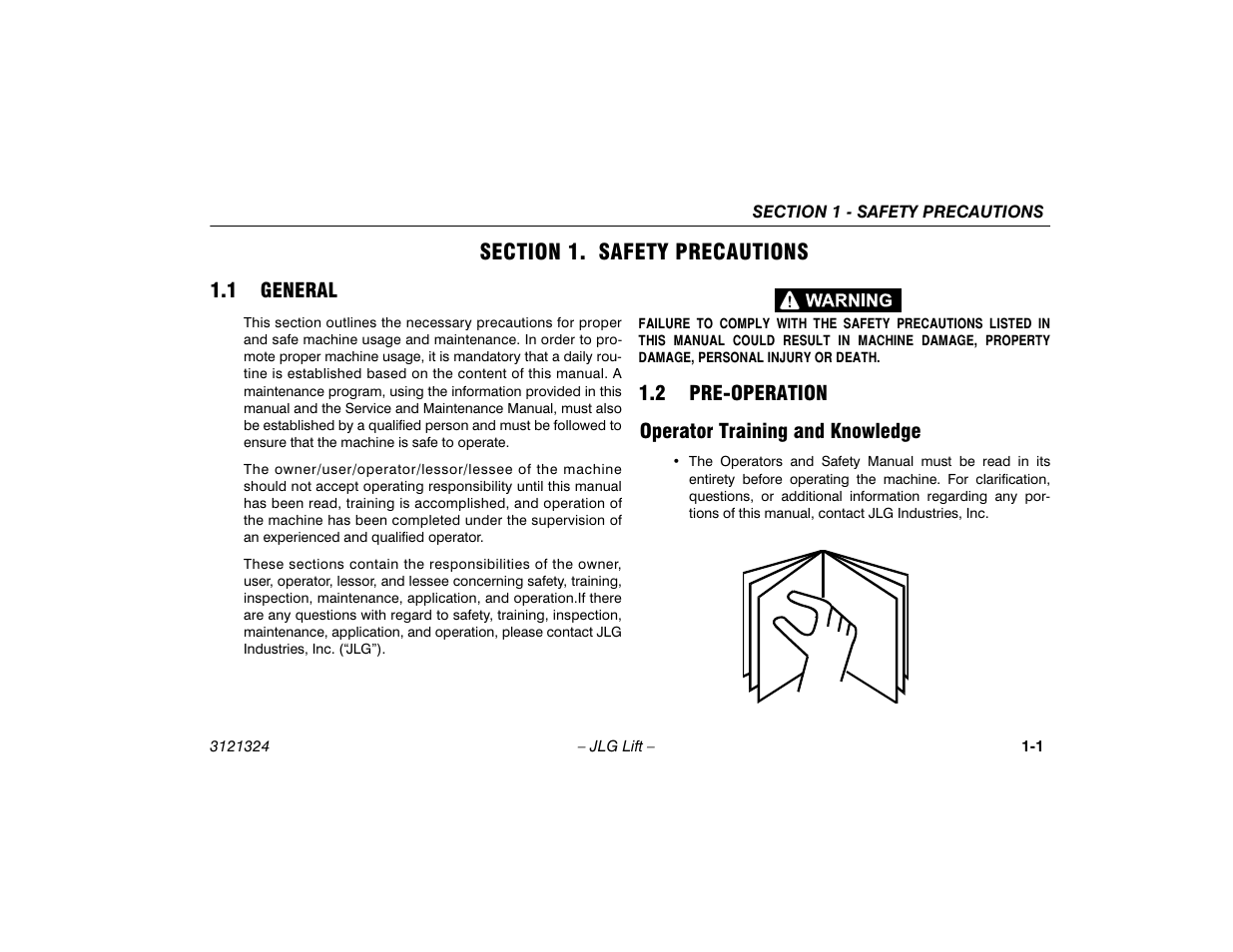 Section 1. safety precautions, 1 general, 2 pre-operation | Operator training and knowledge, Section - 1 - safety precautions, General -1, Pre-operation -1, Operator training and knowledge -1 | JLG 80SL Operator Manual User Manual | Page 11 / 94