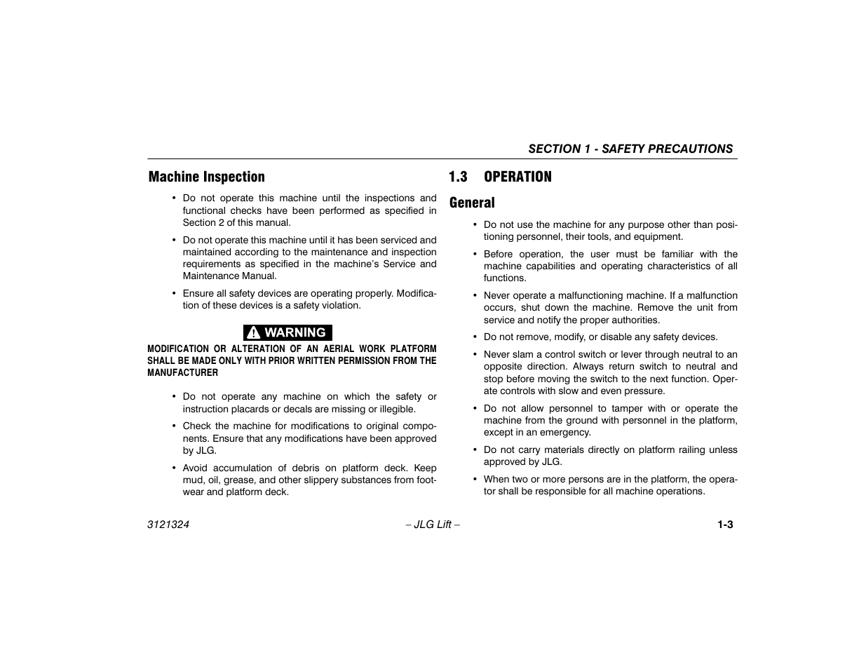 Machine inspection, 3 operation, General | Machine inspection -3, Operation -3, General -3, 3 operation general | JLG 80SL Operator Manual User Manual | Page 13 / 94