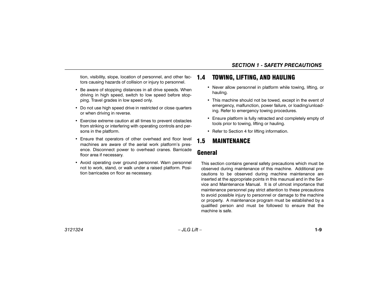 4 towing, lifting, and hauling, 5 maintenance, General | Towing, lifting, and hauling -9, Maintenance -9, General -9, 5 maintenance general | JLG 80SL Operator Manual User Manual | Page 19 / 94