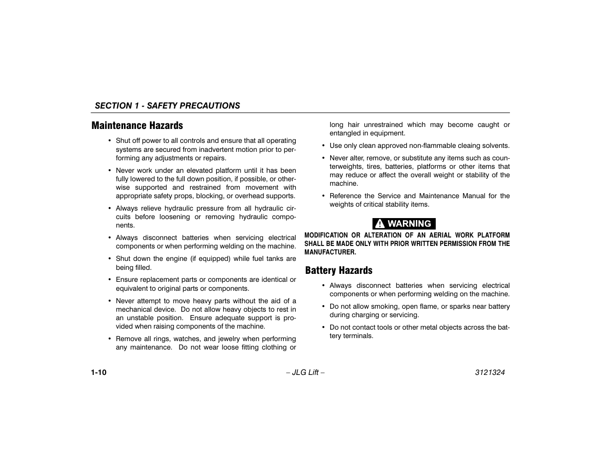 Maintenance hazards, Battery hazards, Maintenance hazards -10 battery hazards -10 | JLG 80SL Operator Manual User Manual | Page 20 / 94