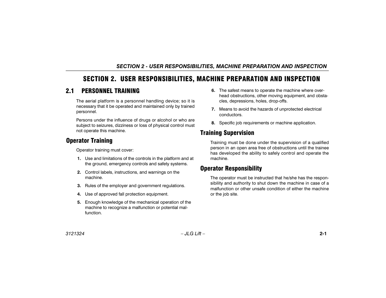 1 personnel training, Operator training, Training supervision | Operator responsibility, Personnel training -1 | JLG 80SL Operator Manual User Manual | Page 23 / 94
