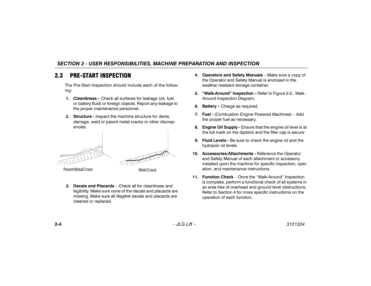 3 pre-start inspection, Pre-start inspection -4 | JLG 80SL Operator Manual User Manual | Page 26 / 94