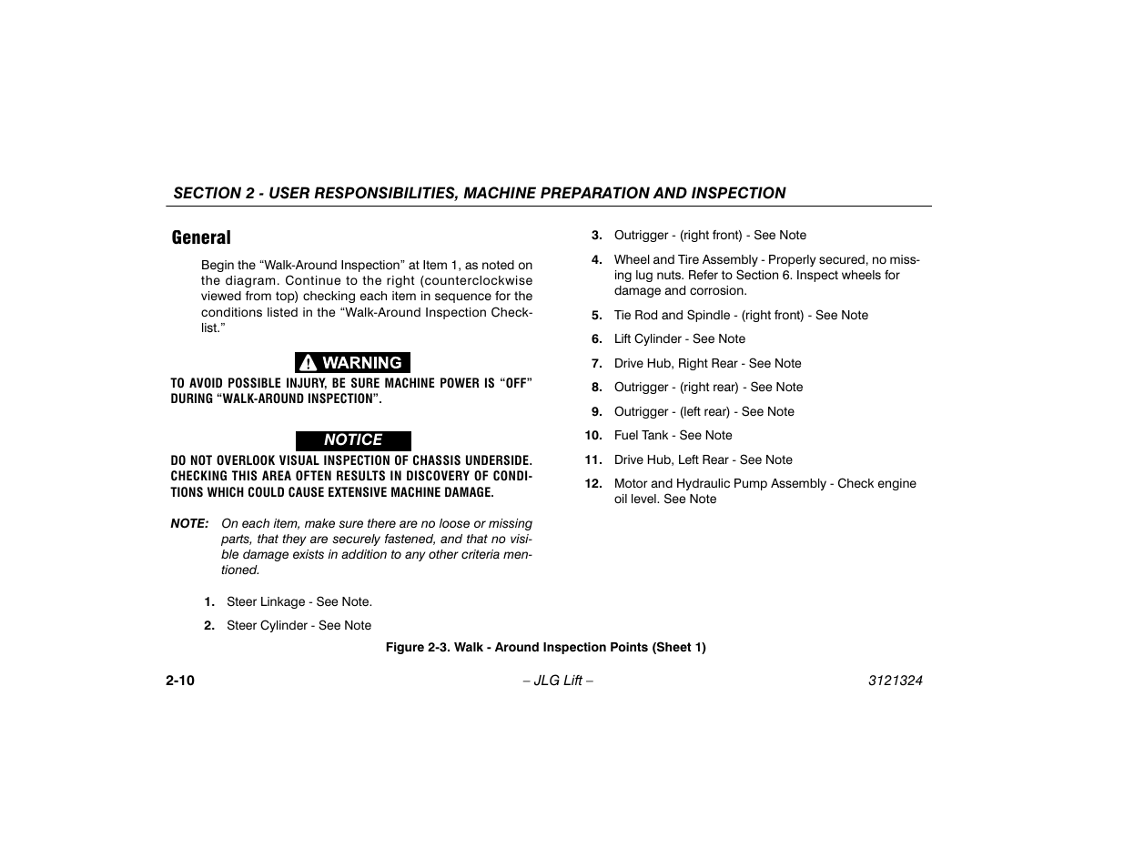 General -10, Walk - around inspection points (sheet 1) -10, General | JLG 80SL Operator Manual User Manual | Page 32 / 94