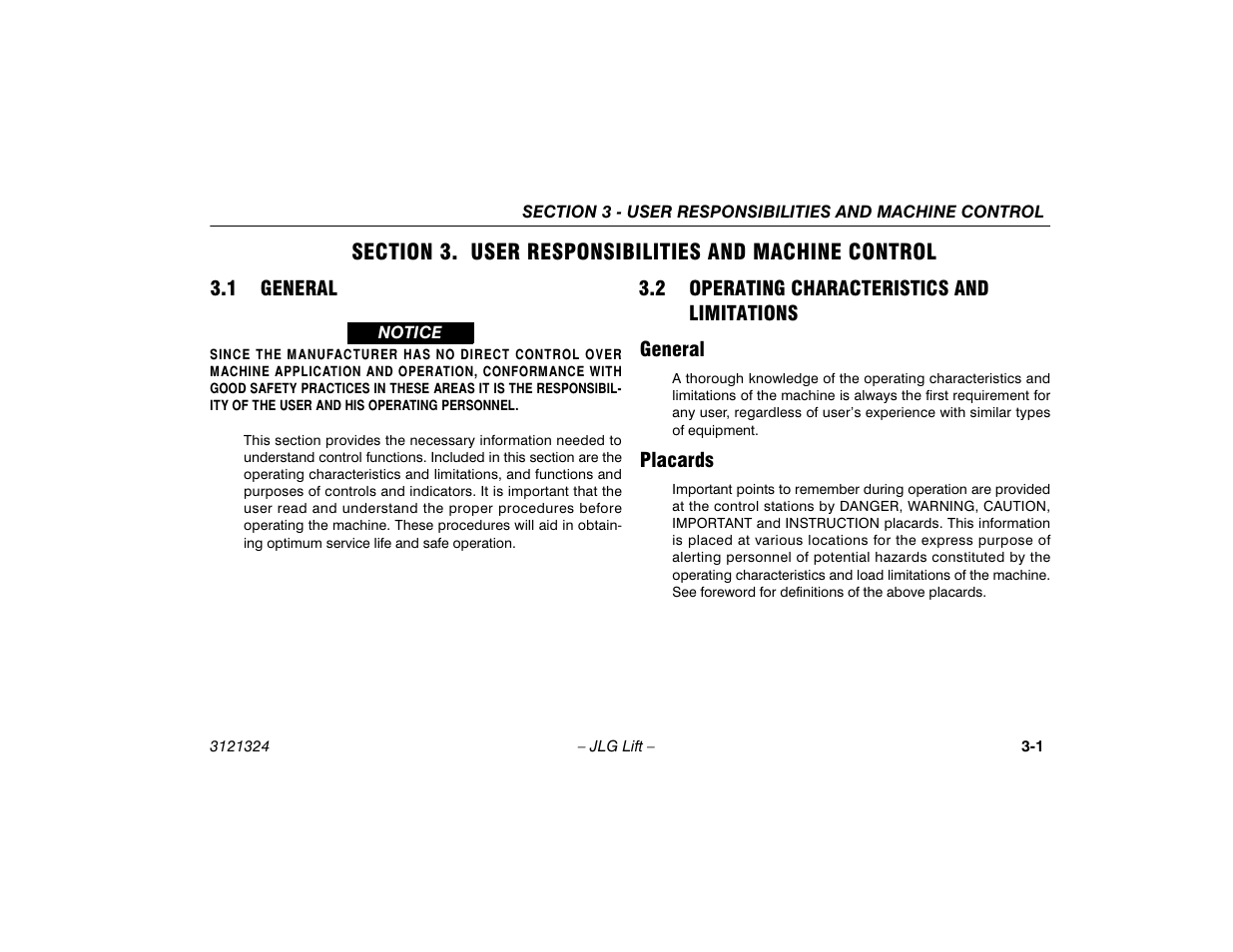 1 general, 2 operating characteristics and limitations, General | Placards, General -1, Operating characteristics and, General -1 placards -1 | JLG 80SL Operator Manual User Manual | Page 35 / 94