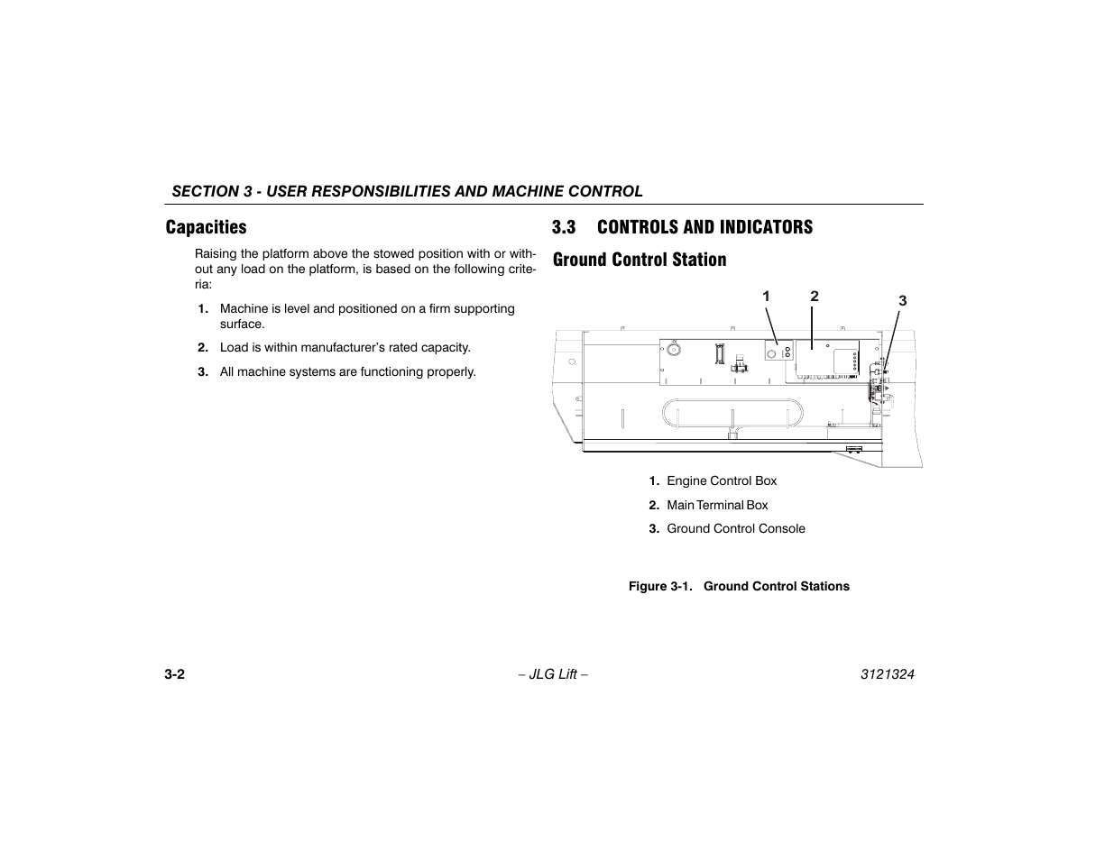 Capacities, 3 controls and indicators, Ground control station | Capacities -2, Controls and indicators -2, Ground control station -2, Ground control stations -2 | JLG 80SL Operator Manual User Manual | Page 36 / 94
