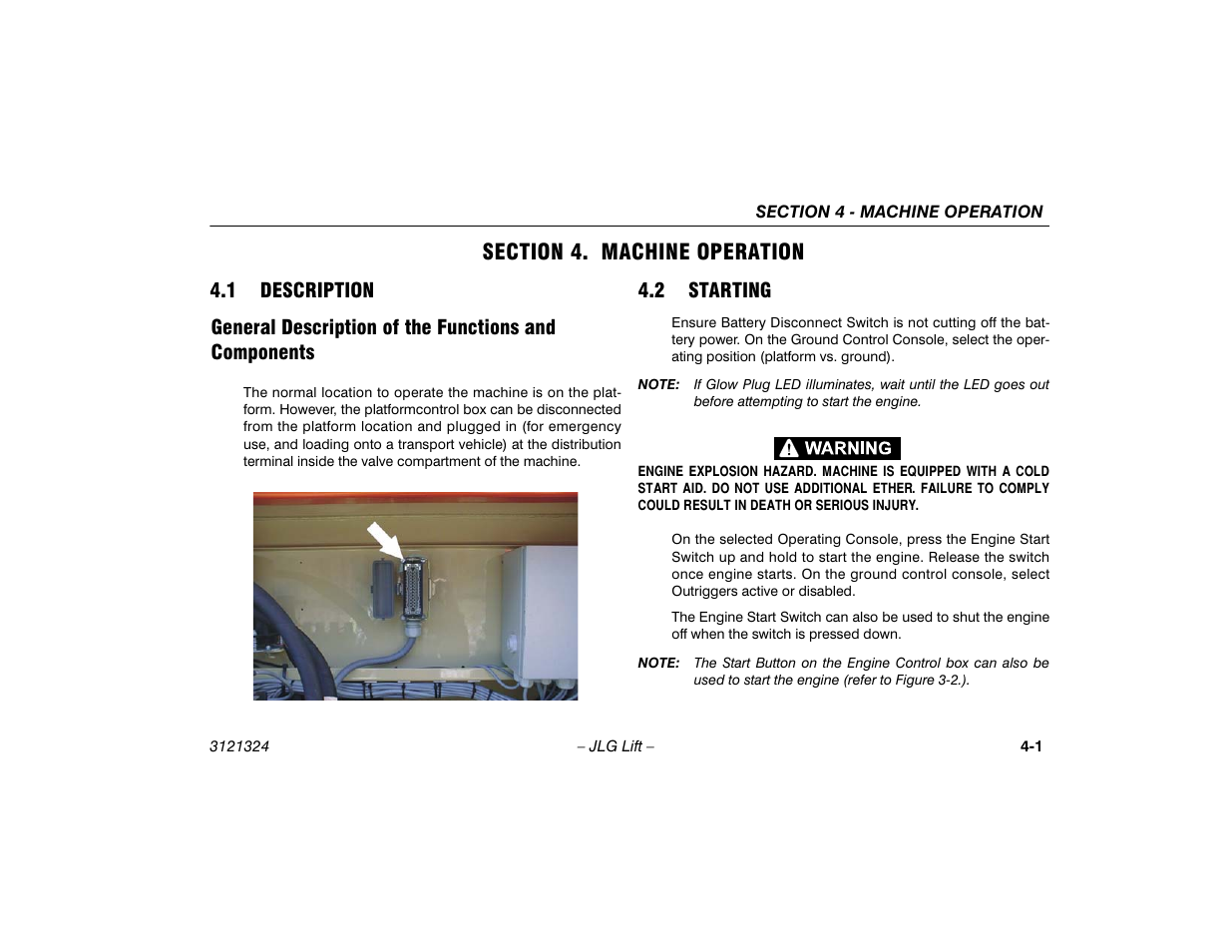 Section 4. machine operation, 1 description, 2 starting | Section - 4 - machine operation, Description -1, General description of the functions and, Starting -1 | JLG 80SL Operator Manual User Manual | Page 51 / 94