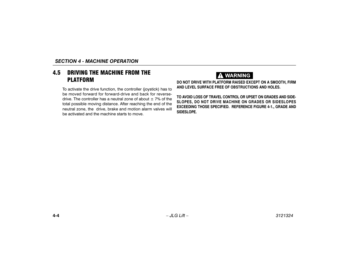 5 driving the machine from the platform, Driving the machine from the platform . 4-4 | JLG 80SL Operator Manual User Manual | Page 54 / 94