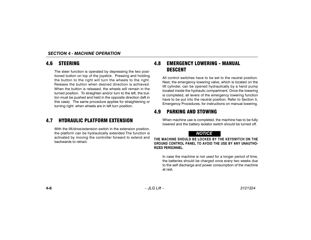 6 steering, 7 hydraulic platform extension, 8 emergency lowering - manual descent | 9 parking and stowing, Steering -6, Hydraulic platform extension -6, Emergency lowering - manual descent . 4-6, Parking and stowing -6 | JLG 80SL Operator Manual User Manual | Page 56 / 94