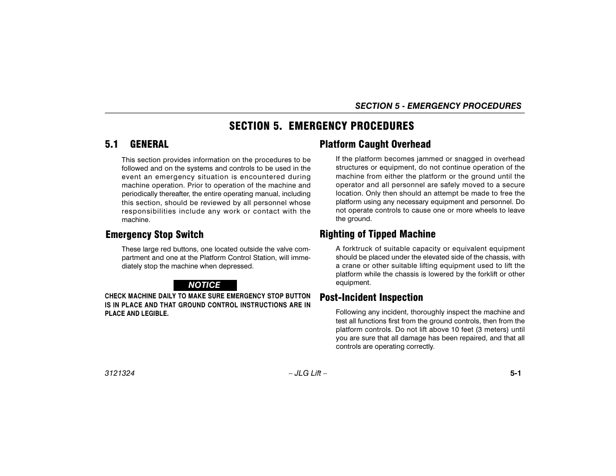 Section 5. emergency procedures, 1 general, Emergency stop switch | Platform caught overhead, Righting of tipped machine, Post-incident inspection, Section - 5 - emergency procedures, General -1 | JLG 80SL Operator Manual User Manual | Page 67 / 94