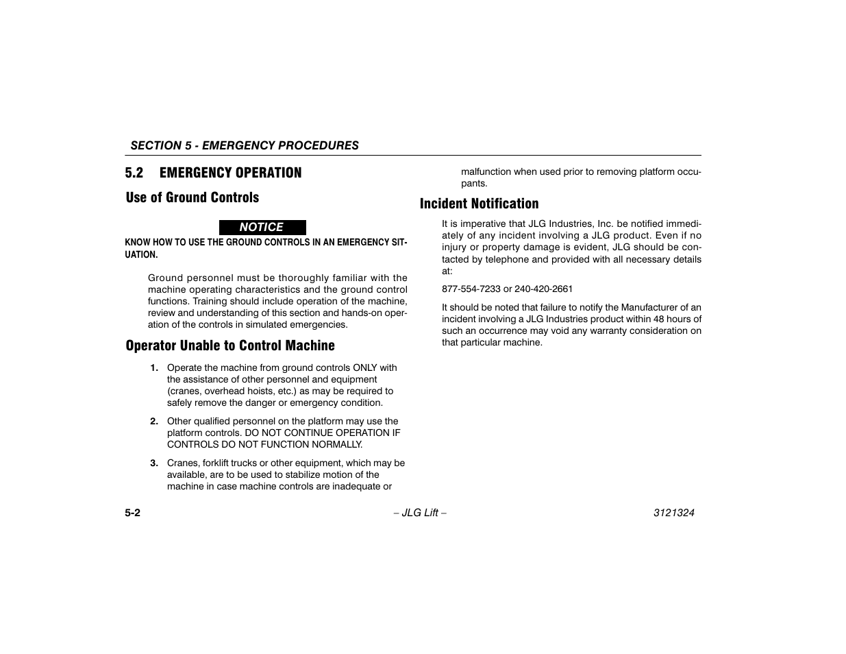 2 emergency operation, Use of ground controls, Operator unable to control machine | Incident notification, Emergency operation -2, 2 emergency operation use of ground controls | JLG 80SL Operator Manual User Manual | Page 68 / 94