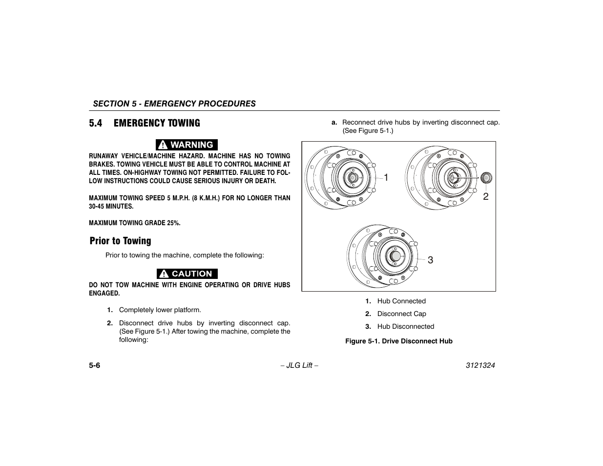 4 emergency towing, Prior to towing, Emergency towing -6 | Prior to towing -6, Drive disconnect hub -6 | JLG 80SL Operator Manual User Manual | Page 72 / 94