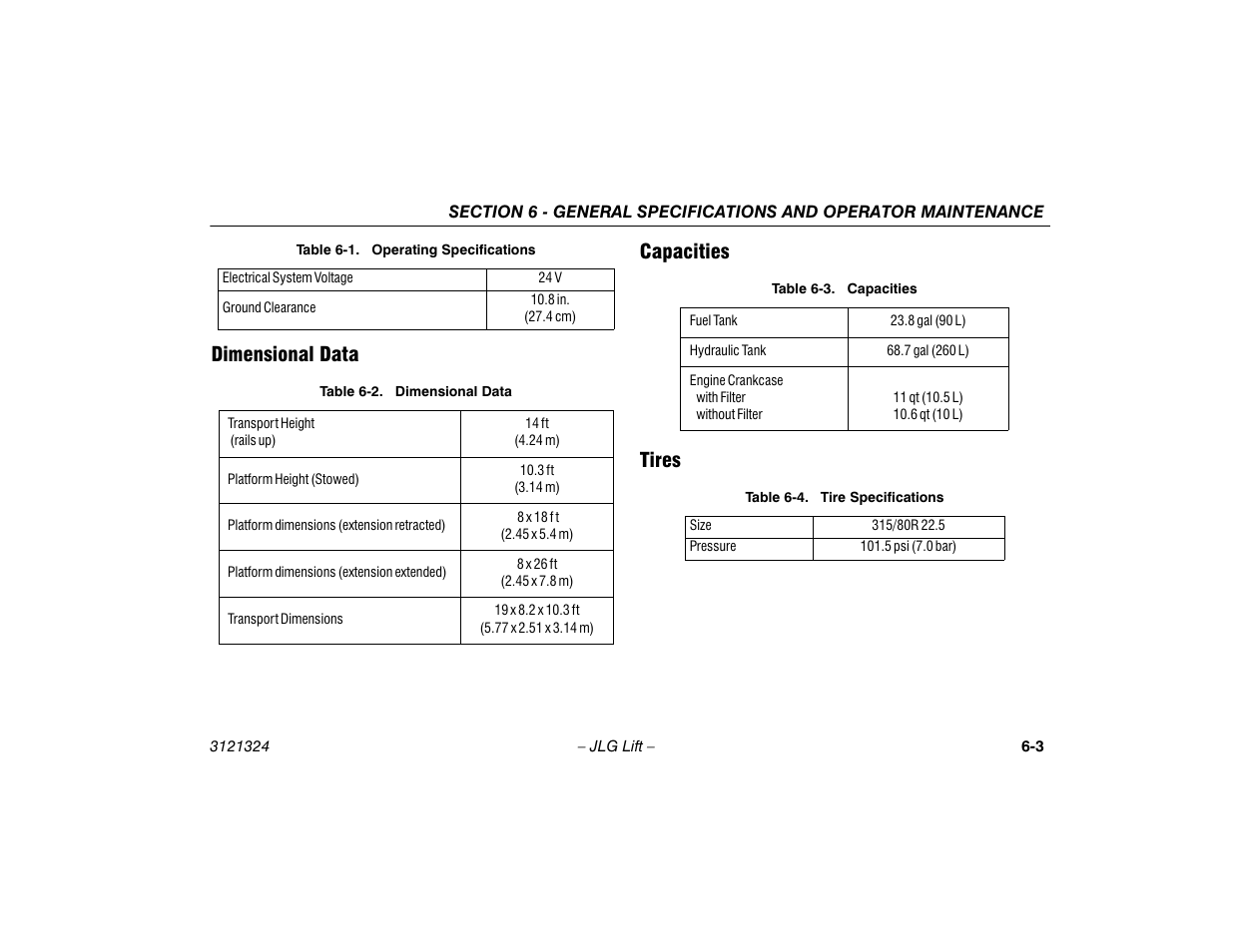 Dimensional data, Capacities, Tires | Dimensional data -3 capacities -3 tires -3, Dimensional data -3, Capacities -3, Tire specifications -3, Dimensional data capacities tires | JLG 80SL Operator Manual User Manual | Page 75 / 94