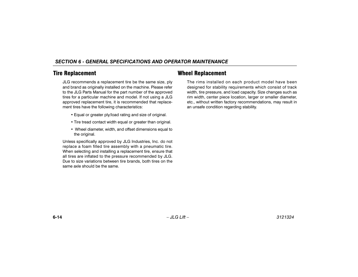 Tire replacement, Wheel replacement, Tire replacement -14 wheel replacement -14 | JLG 80SL Operator Manual User Manual | Page 86 / 94