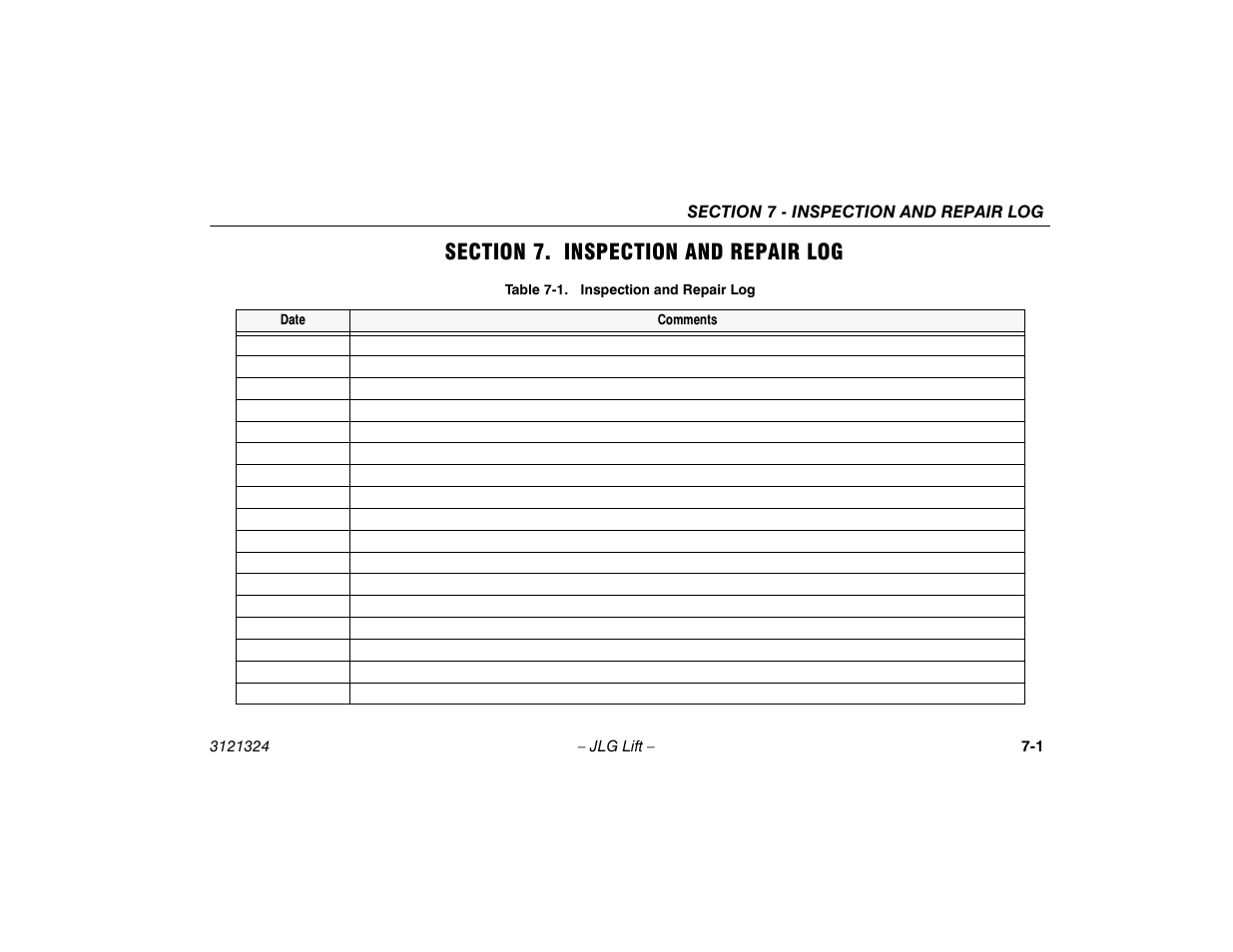 Section 7. inspection and repair log, Section - 7 - inspection and repair log, Inspection and repair log -1 | JLG 80SL Operator Manual User Manual | Page 89 / 94