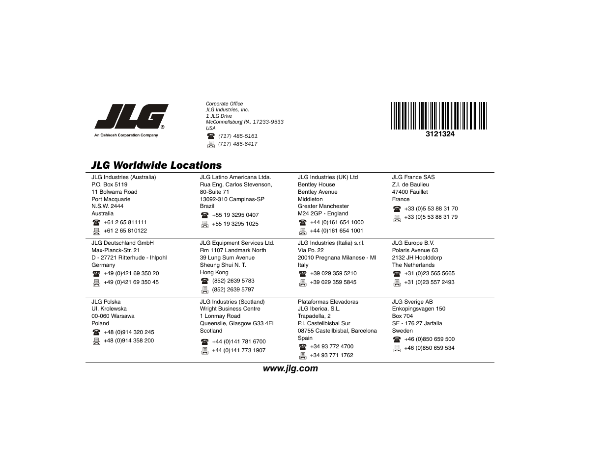 Jlg worldwide locations | JLG 80SL Operator Manual User Manual | Page 94 / 94