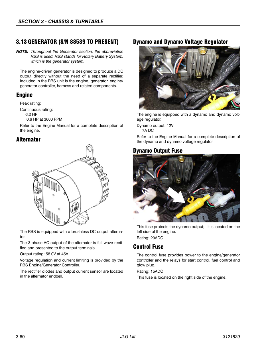 13 generator (s/n 88539 to present), Engine, Alternator | Dynamo and dynamo voltage regulator, Dynamo output fuse, Control fuse, Generator (s/n 88539 to present) -60 | JLG M450 Service Manual User Manual | Page 100 / 256