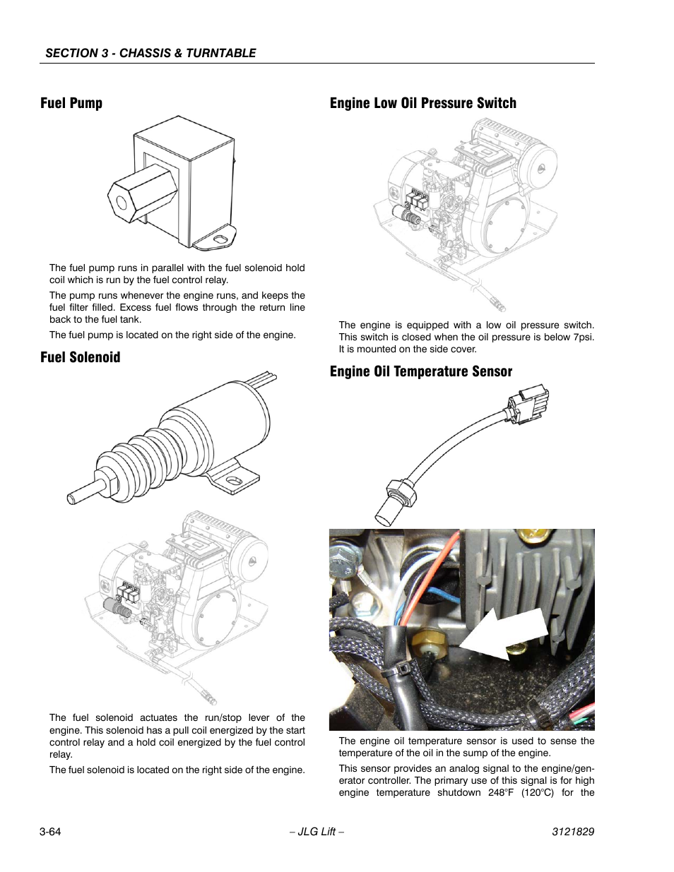 Fuel pump, Fuel solenoid, Engine low oil pressure switch | Engine oil temperature sensor | JLG M450 Service Manual User Manual | Page 104 / 256