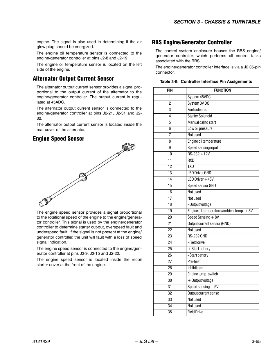 Alternator output current sensor, Engine speed sensor, Rbs engine/generator controller | Controller interface pin assignments -65 | JLG M450 Service Manual User Manual | Page 105 / 256