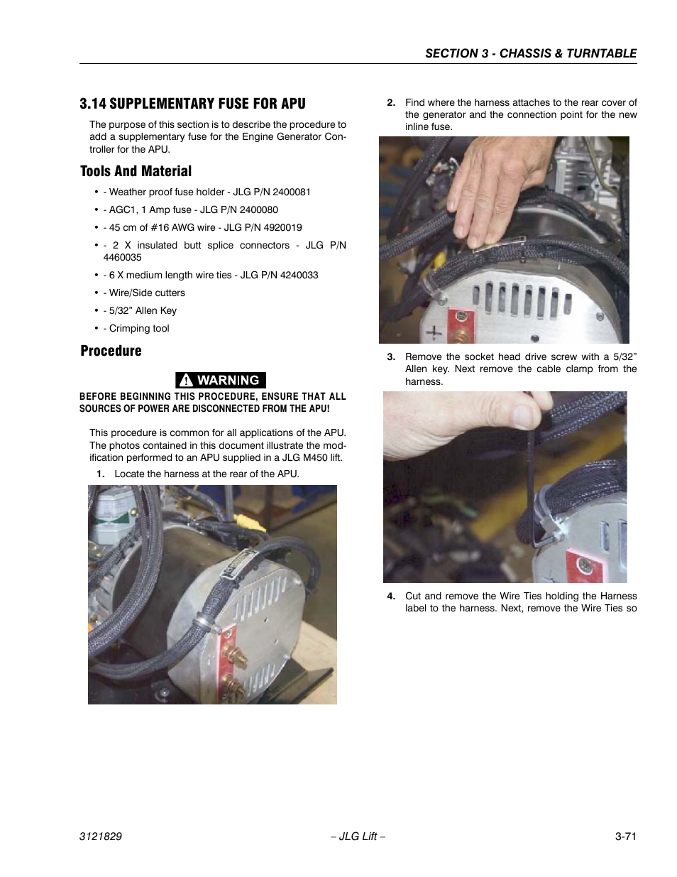 14 supplementary fuse for apu, Tools and material, Procedure | Supplementary fuse for apu -71, Tools and material -71 procedure -71 | JLG M450 Service Manual User Manual | Page 111 / 256