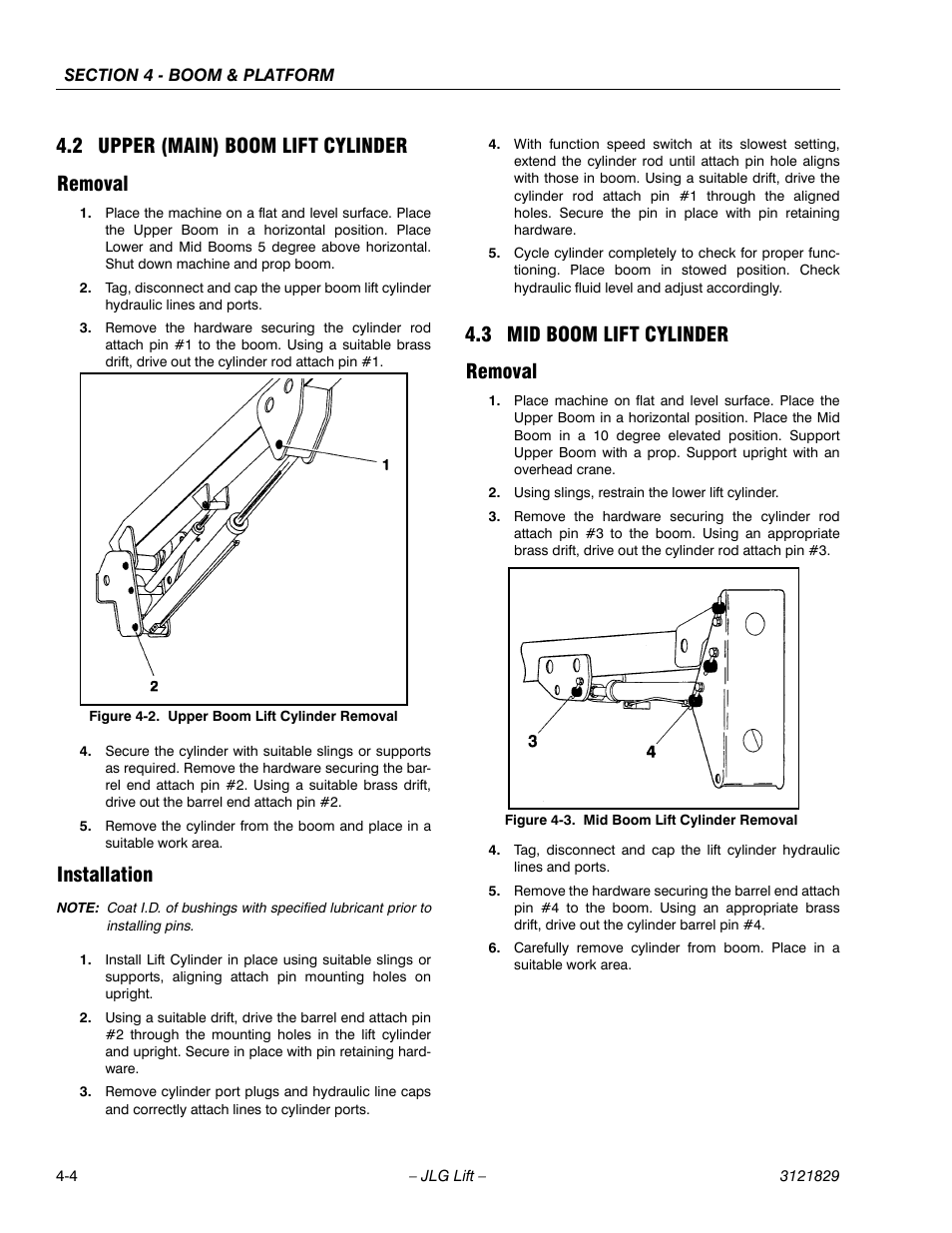 2 upper (main) boom lift cylinder, Removal, Installation | 3 mid boom lift cylinder, Upper (main) boom lift cylinder -4, Removal -4 installation -4, Mid boom lift cylinder -4, Removal -4, Upper boom lift cylinder removal -4, Mid boom lift cylinder removal -4 | JLG M450 Service Manual User Manual | Page 116 / 256