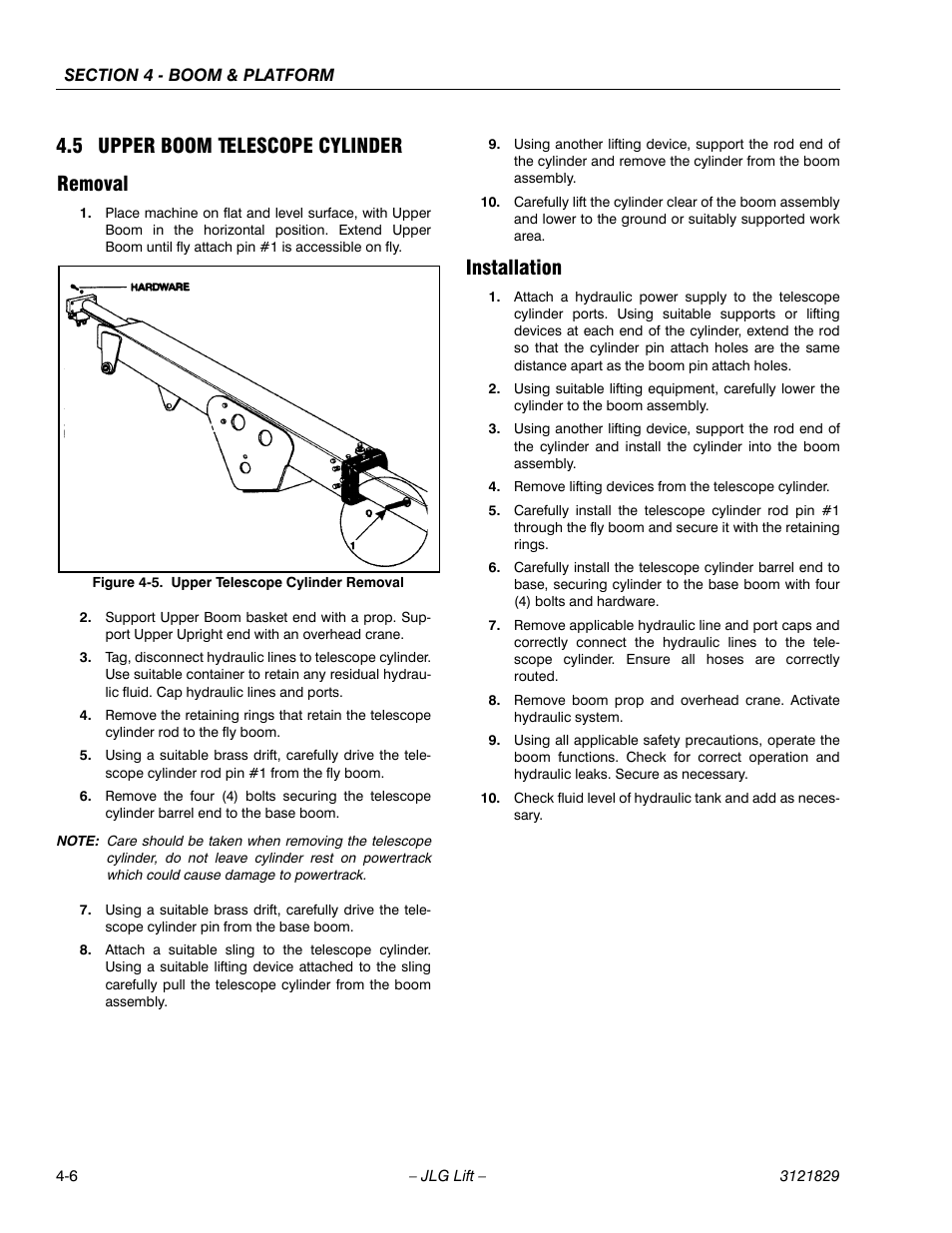 5 upper boom telescope cylinder, Removal, Installation | Upper boom telescope cylinder -6, Removal -6 installation -6, Upper telescope cylinder removal -6, 5 upper boom telescope cylinder removal | JLG M450 Service Manual User Manual | Page 118 / 256