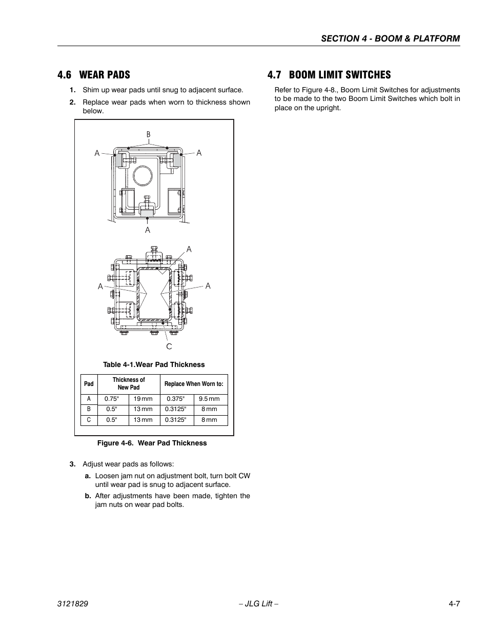 6 wear pads, 7 boom limit switches, Wear pads -7 | Boom limit switches -7, Wear pad thickness -7 | JLG M450 Service Manual User Manual | Page 119 / 256