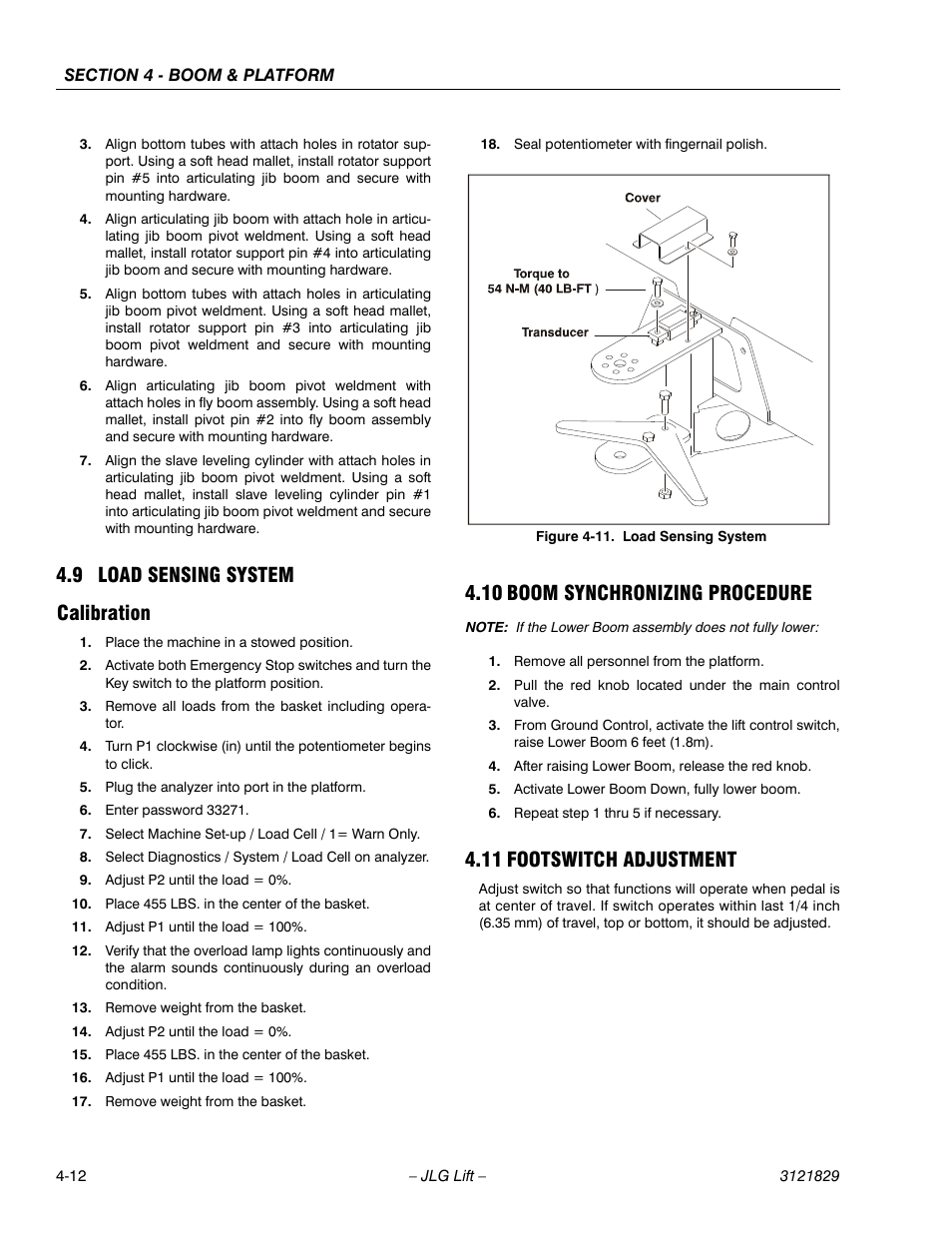9 load sensing system, Calibration, 10 boom synchronizing procedure | 11 footswitch adjustment, Load sensing system -12, Calibration -12, Boom synchronizing procedure -12, Footswitch adjustment -12, 9 load sensing system calibration | JLG M450 Service Manual User Manual | Page 124 / 256