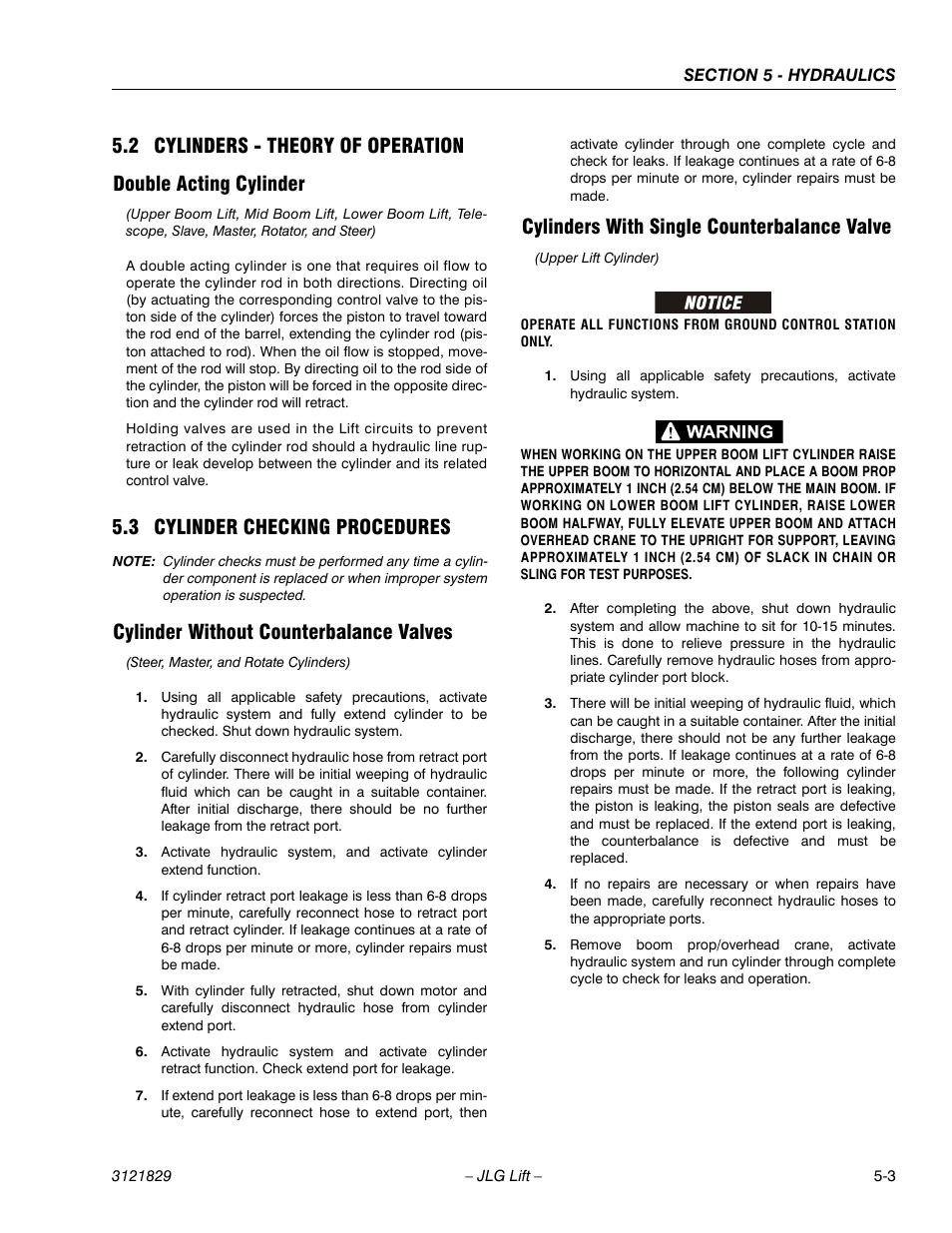 2 cylinders - theory of operation, Double acting cylinder, 3 cylinder checking procedures | Cylinder without counterbalance valves, Cylinders with single counterbalance valve, Cylinders - theory of operation -3, Double acting cylinder -3, Cylinder checking procedures -3 | JLG M450 Service Manual User Manual | Page 155 / 256