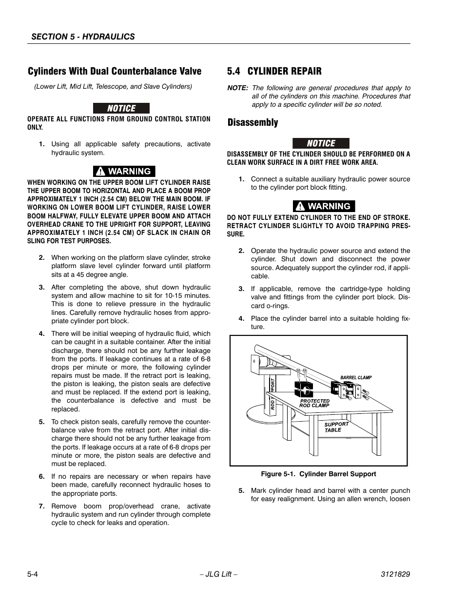 Cylinders with dual counterbalance valve, 4 cylinder repair, Disassembly | Cylinders with dual counterbalance valve -4, Cylinder repair -4, Disassembly -4, Cylinder barrel support -4 | JLG M450 Service Manual User Manual | Page 156 / 256