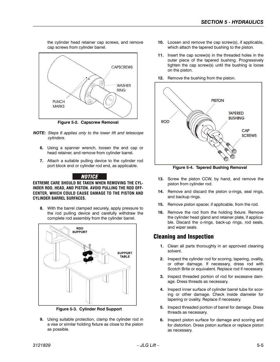 Cleaning and inspection, Cleaning and inspection -5, Capscrew removal -5 | Cylinder rod support -5, Tapered bushing removal -5 | JLG M450 Service Manual User Manual | Page 157 / 256