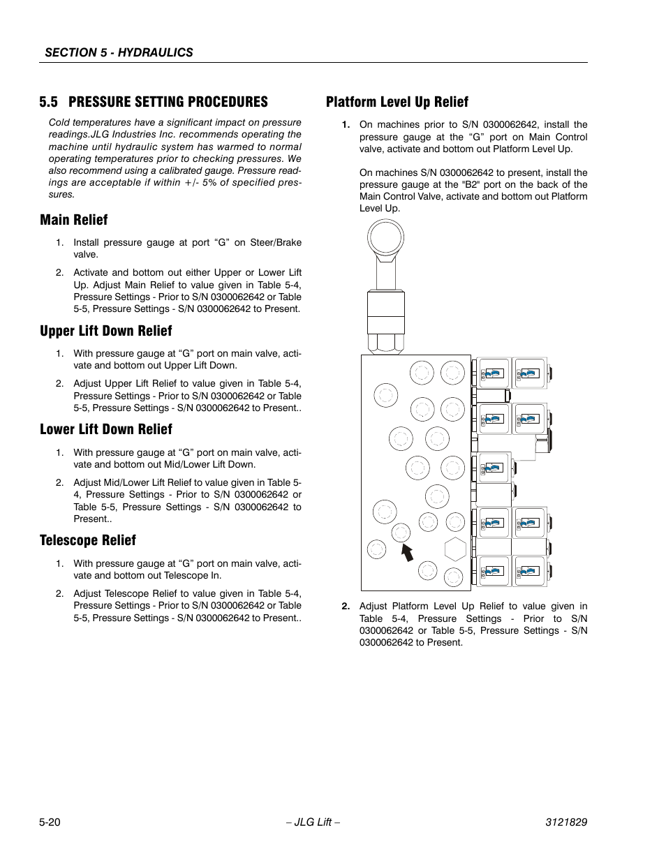 5 pressure setting procedures, Main relief, Upper lift down relief | Lower lift down relief, Telescope relief, Platform level up relief, Pressure setting procedures -20 | JLG M450 Service Manual User Manual | Page 172 / 256
