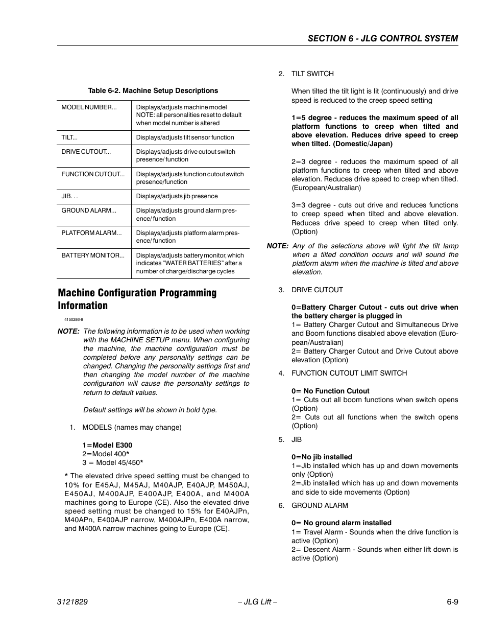 Machine configuration programming information, Machine configuration programming information -9, Machine setup descriptions -9 | JLG M450 Service Manual User Manual | Page 187 / 256