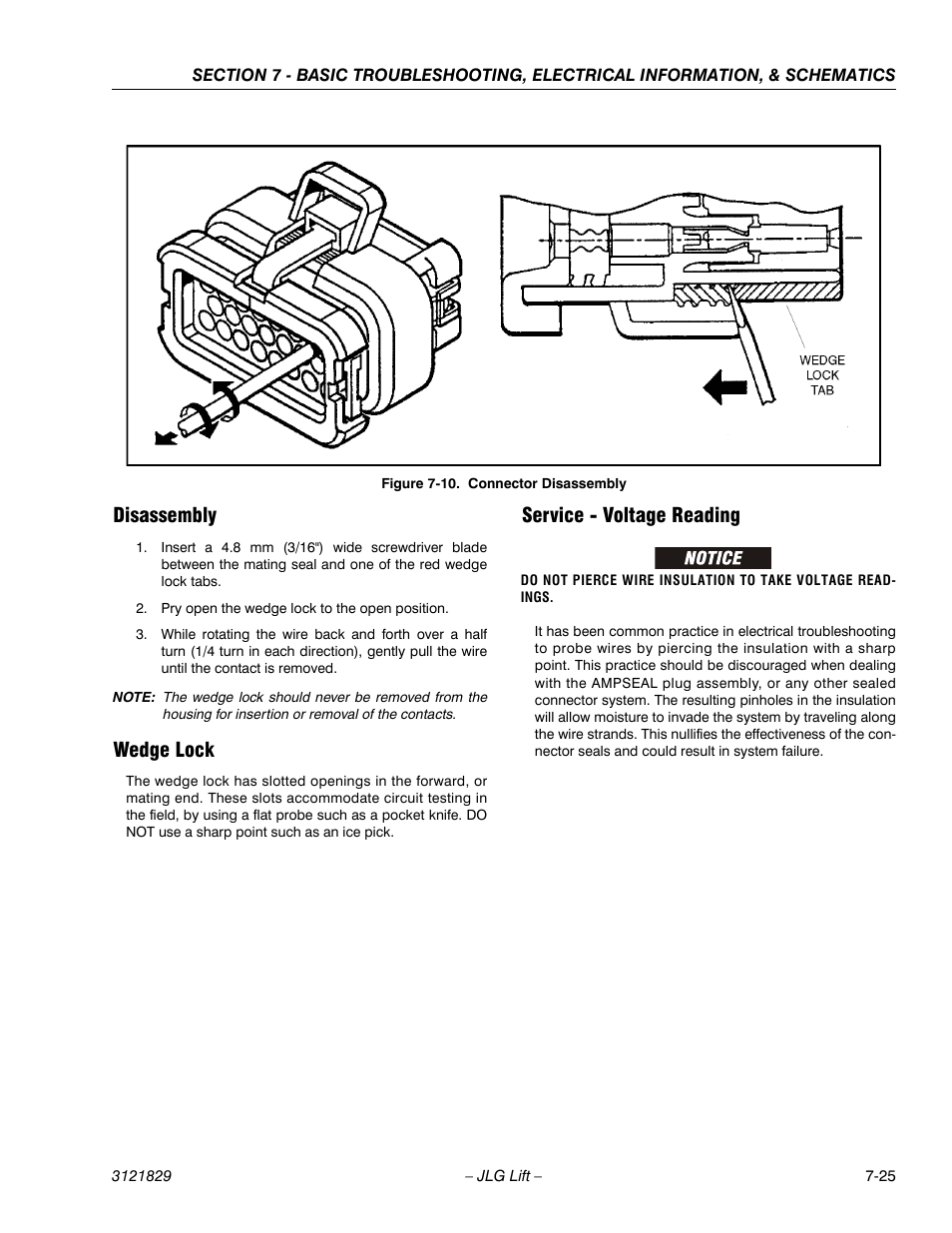 Disassembly, Wedge lock, Service - voltage reading | Connector disassembly -25 | JLG M450 Service Manual User Manual | Page 235 / 256