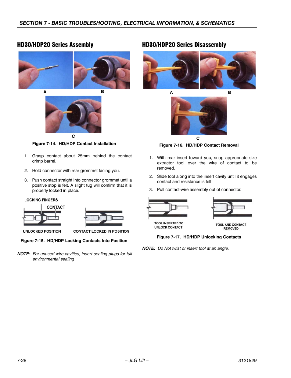 Hd30/hdp20 series assembly, Hd30/hdp20 series disassembly, Hd/hdp contact installation -28 | Hd/hdp locking contacts into position -28, Hd/hdp contact removal -28, Hd/hdp unlocking contacts -28 | JLG M450 Service Manual User Manual | Page 238 / 256