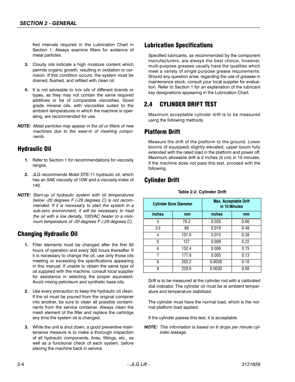 Hydraulic oil, Changing hydraulic oil, Lubrication specifications | 4 cylinder drift test, Platform drift, Cylinder drift, Cylinder drift test -4, Platform drift -4 cylinder drift -4, Cylinder drift -4 | JLG M450 Service Manual User Manual | Page 34 / 256
