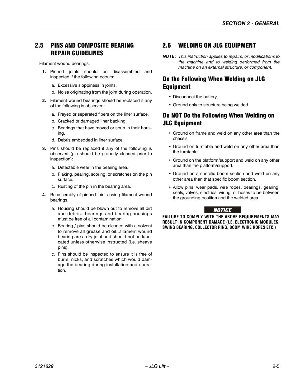 5 pins and composite bearing repair guidelines, 6 welding on jlg equipment, Do the following when welding on jlg equipment | Pins and composite bearing repair guidelines -5, Welding on jlg equipment -5 | JLG M450 Service Manual User Manual | Page 35 / 256