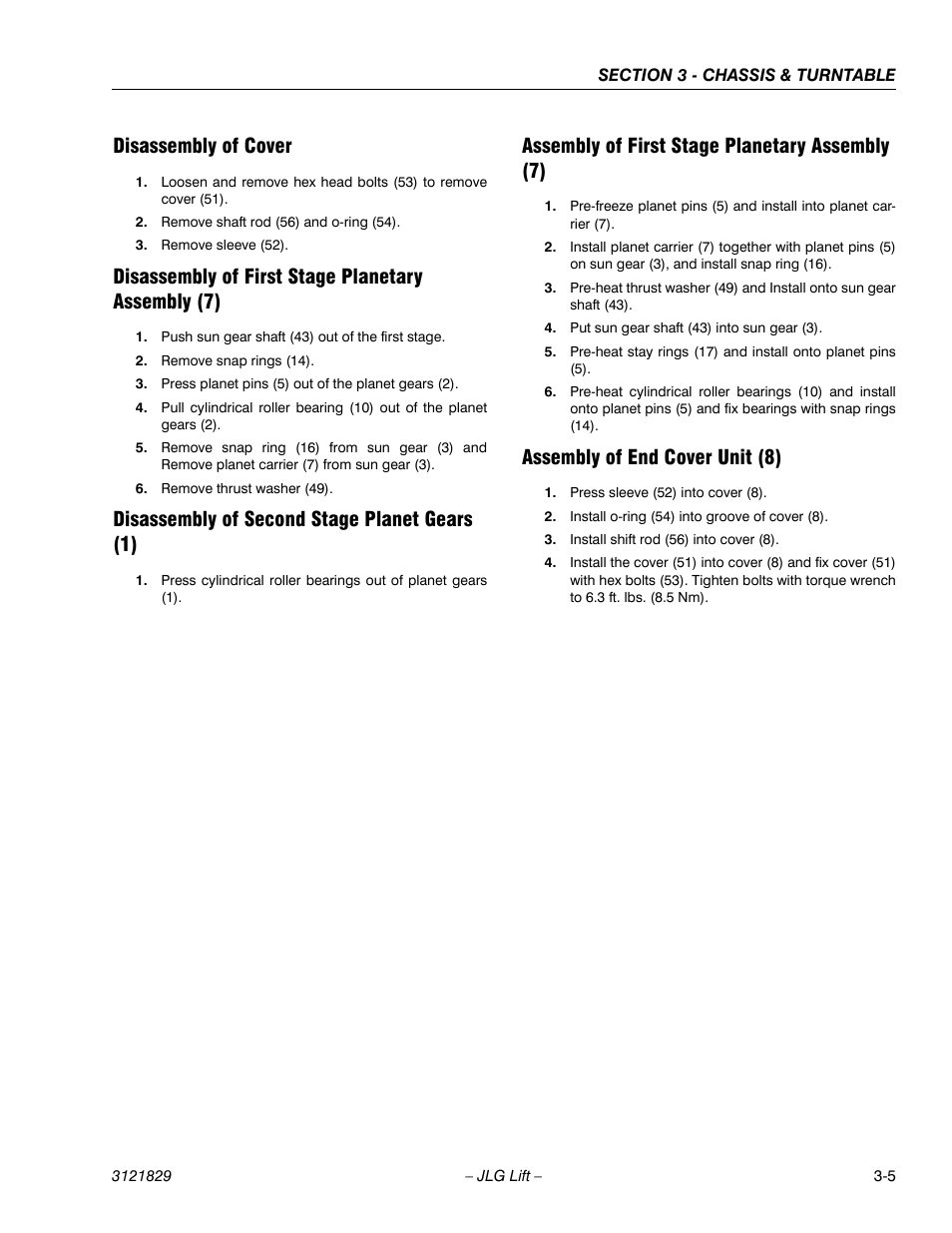 Disassembly of cover, Disassembly of first stage planetary assembly (7), Disassembly of second stage planet gears (1) | Assembly of first stage planetary assembly (7), Assembly of end cover unit (8) | JLG M450 Service Manual User Manual | Page 45 / 256