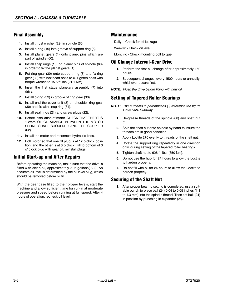 Final assembly, Initial start-up and after repairs, Maintenance | Oil change interval-gear drive, Setting of tapered roller bearings, Securing of the shaft nut | JLG M450 Service Manual User Manual | Page 46 / 256