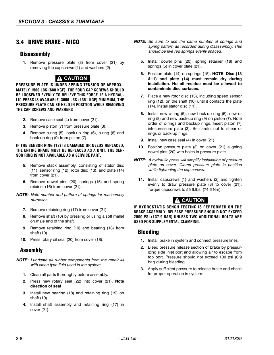 4 drive brake - mico, Disassembly, Assembly | Bleeding, Drive brake - mico -8, Disassembly -8 assembly -8 bleeding -8, 4 drive brake - mico disassembly | JLG M450 Service Manual User Manual | Page 48 / 256