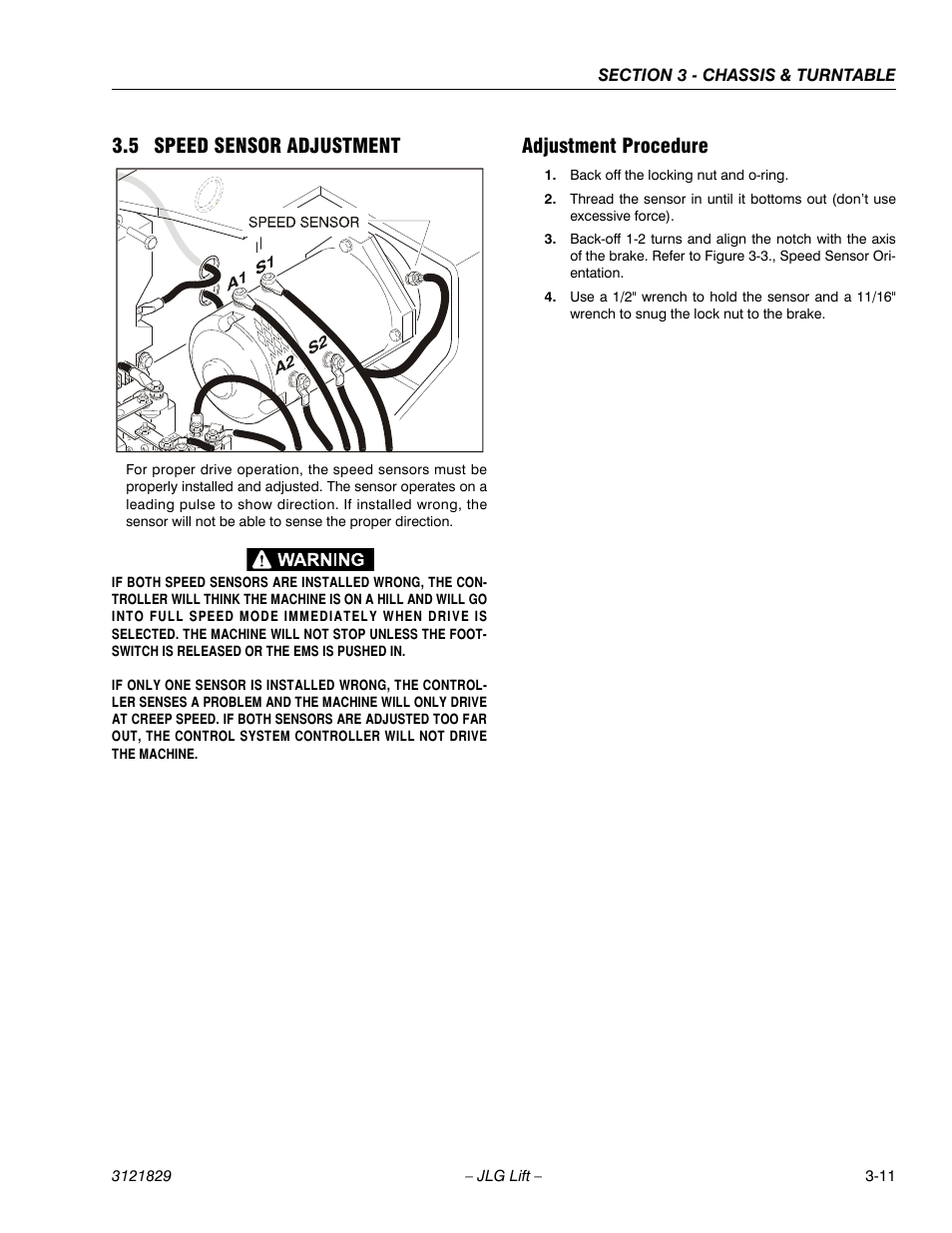 5 speed sensor adjustment, Adjustment procedure, Speed sensor adjustment -11 | Adjustment procedure -11 | JLG M450 Service Manual User Manual | Page 51 / 256