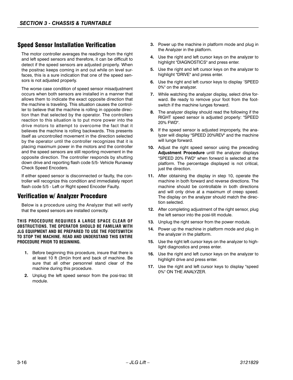 Speed sensor installation verification, Verification w/ analyzer procedure | JLG M450 Service Manual User Manual | Page 56 / 256