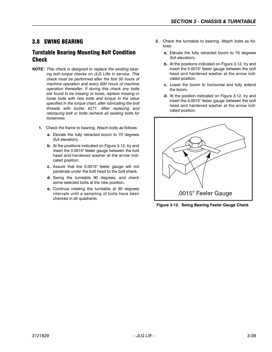 8 swing bearing, Turntable bearing mounting bolt condition check, Swing bearing -39 | Swing bearing feeler gauge check -39 | JLG M450 Service Manual User Manual | Page 79 / 256