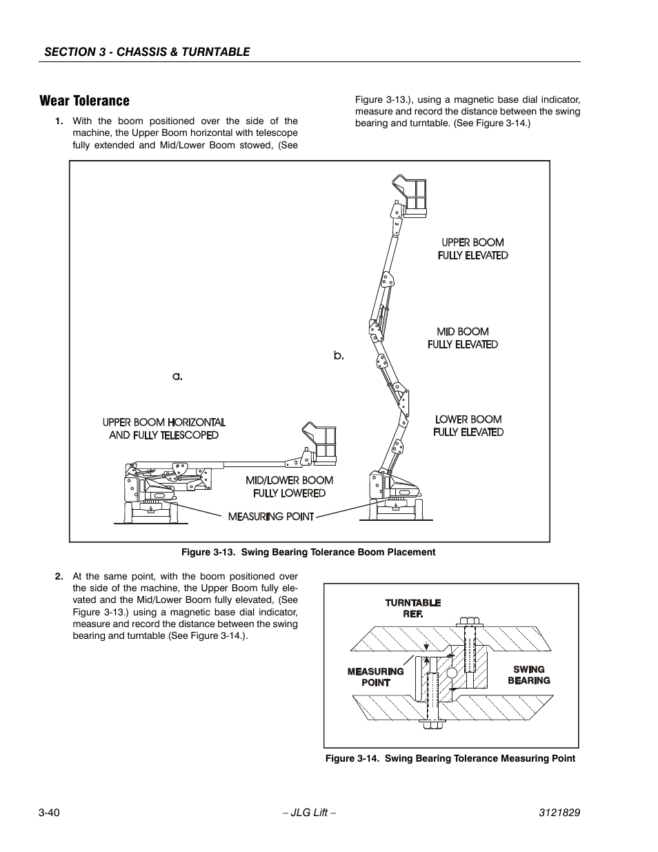 Wear tolerance, Wear tolerance -40, Swing bearing tolerance boom placement -40 | Swing bearing tolerance measuring point -40 | JLG M450 Service Manual User Manual | Page 80 / 256