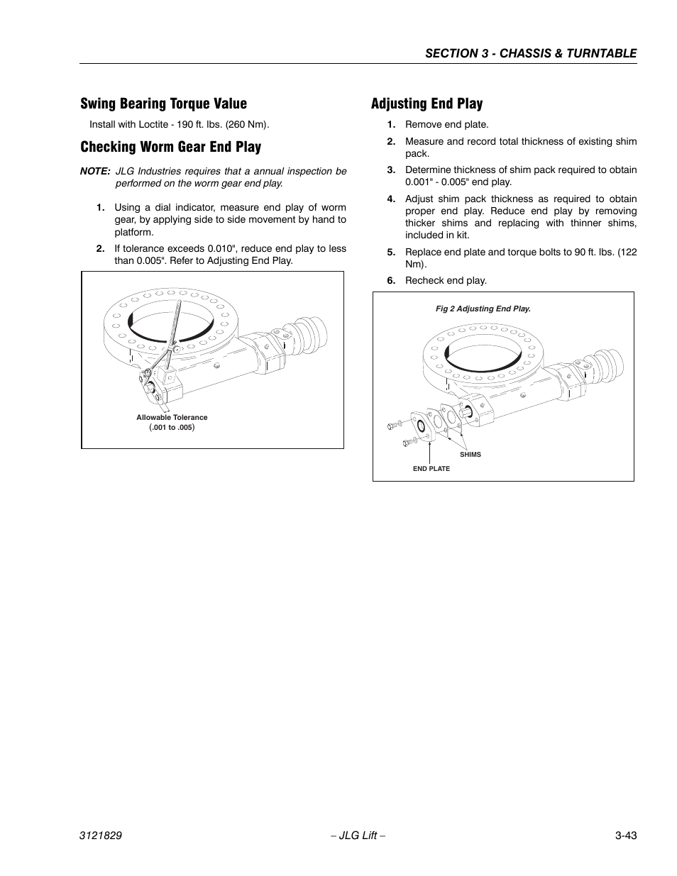Swing bearing torque value, Checking worm gear end play, Adjusting end play | JLG M450 Service Manual User Manual | Page 83 / 256