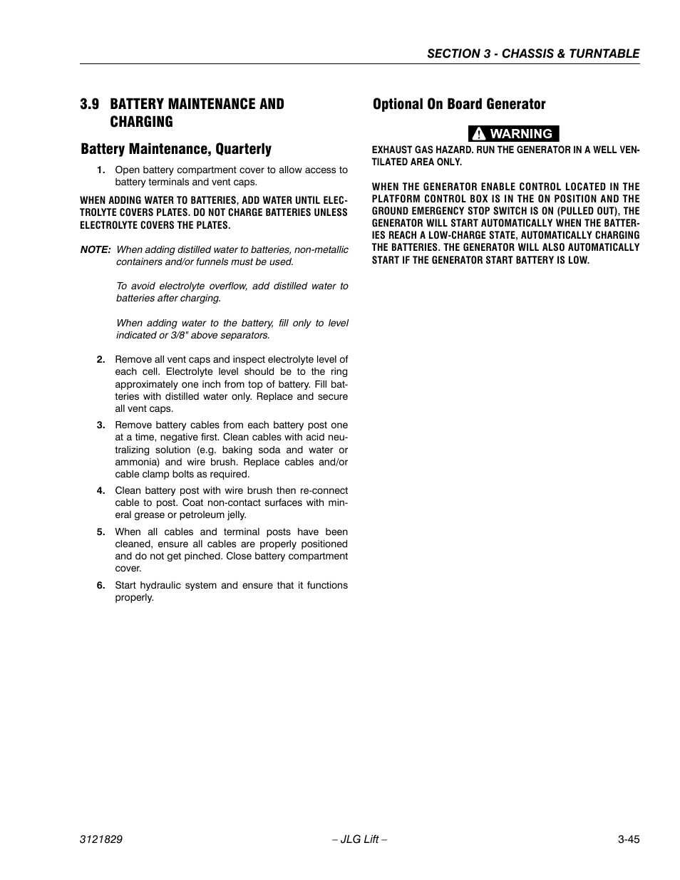 9 battery maintenance and charging, Battery maintenance, quarterly, Optional on board generator | Battery maintenance and charging -45 | JLG M450 Service Manual User Manual | Page 85 / 256