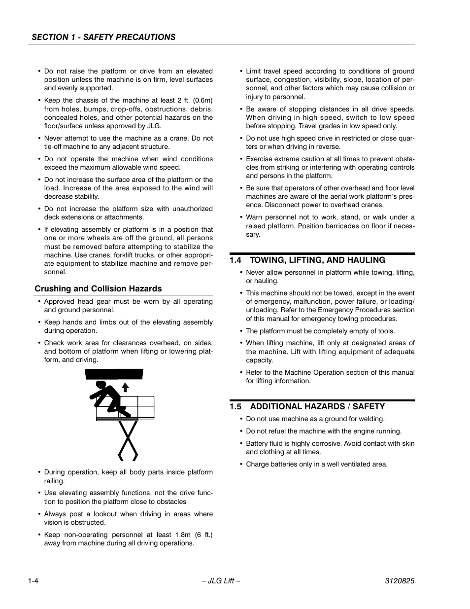Crushing and collision hazards, 4 towing, lifting, and hauling, 5 additional hazards / safety | Towing, lifting, and hauling -4, Additional hazards / safety -4 | JLG 40RTS Operator Manual User Manual | Page 12 / 48