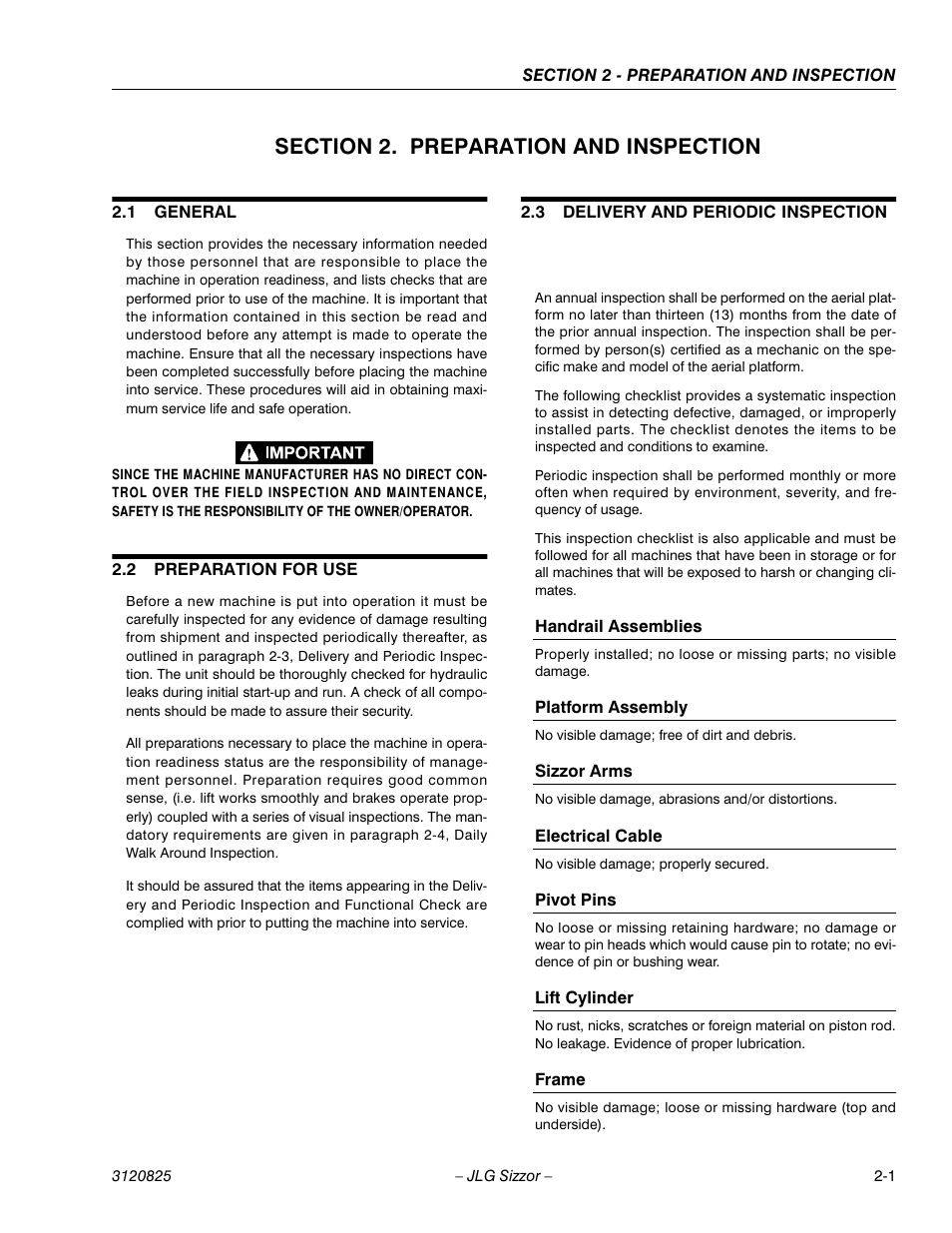 Section 2. preparation and inspection, 1 general, 2 preparation for use | 3 delivery and periodic inspection, Handrail assemblies, Platform assembly, Sizzor arms, Electrical cable, Pivot pins, Lift cylinder | JLG 40RTS Operator Manual User Manual | Page 13 / 48