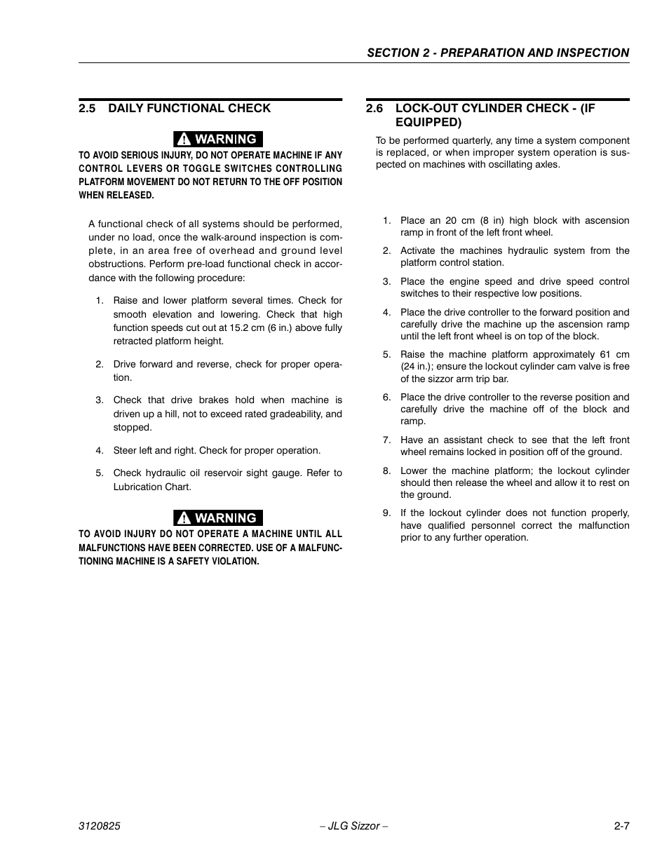 5 daily functional check, 6 lock-out cylinder check - (if equipped), Daily functional check -7 | Lock-out cylinder check - (if equipped) -7 | JLG 40RTS Operator Manual User Manual | Page 19 / 48