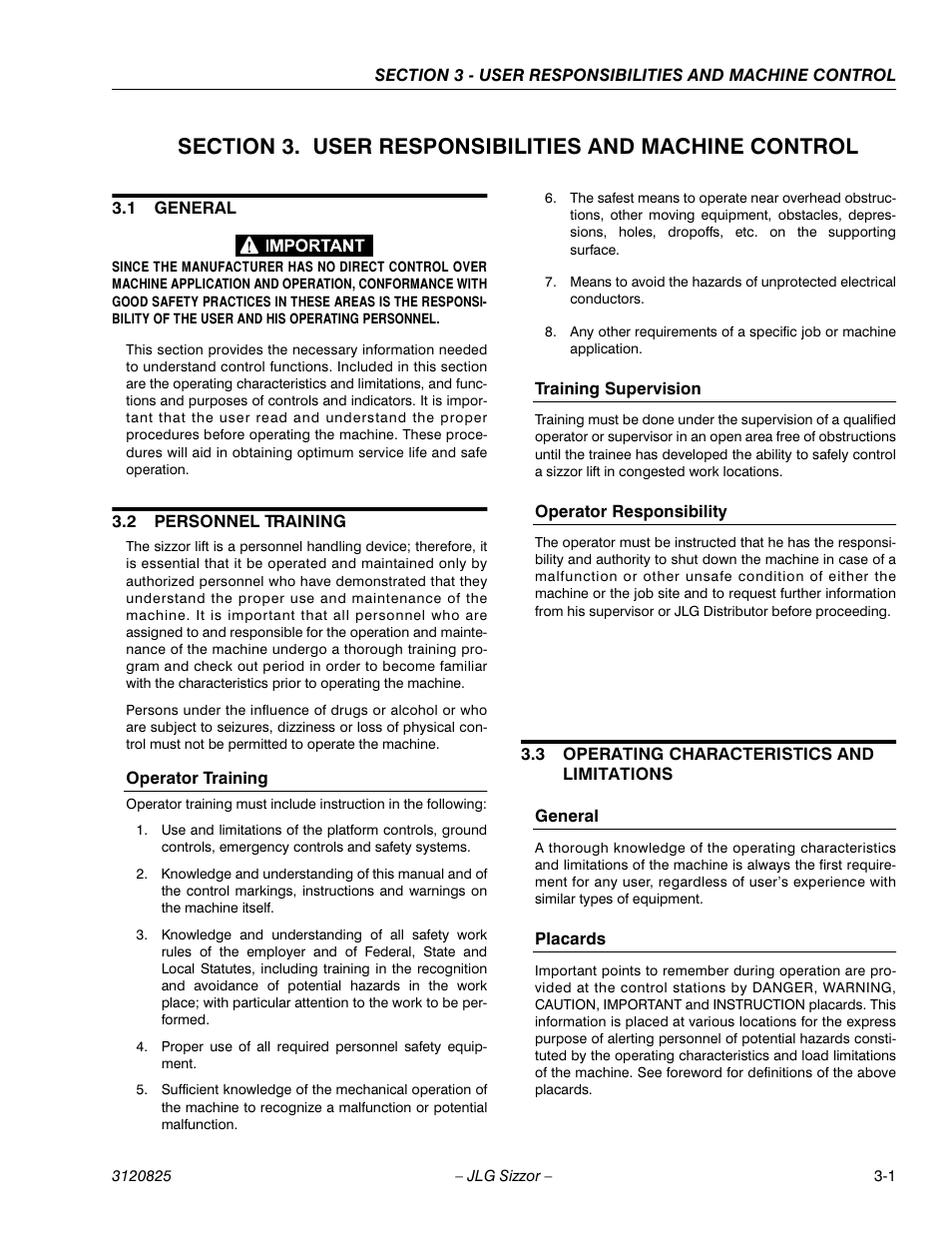 1 general, 2 personnel training, Operator training | Training supervision, Operator responsibility, 3 operating characteristics and limitations, General, Placards, General -1, Personnel training -1 | JLG 40RTS Operator Manual User Manual | Page 25 / 48
